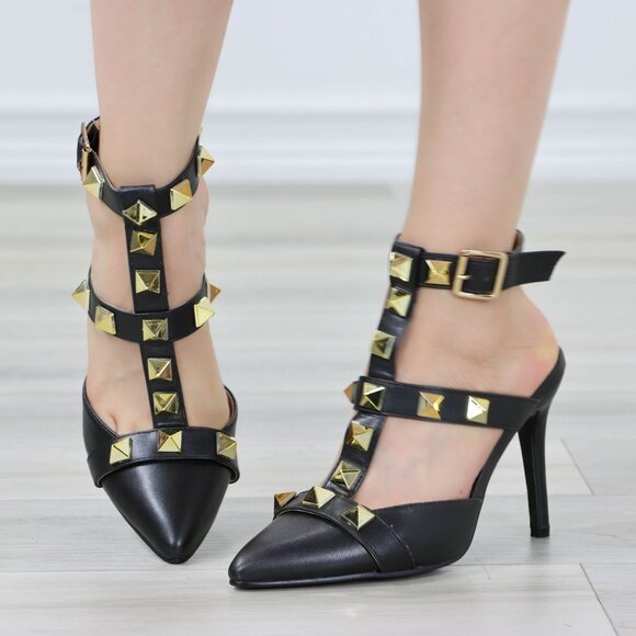 Black Pointed Toe High Heels Trendy Gold Studs Ankle Strap Stiletto's - Picture 7 of 13